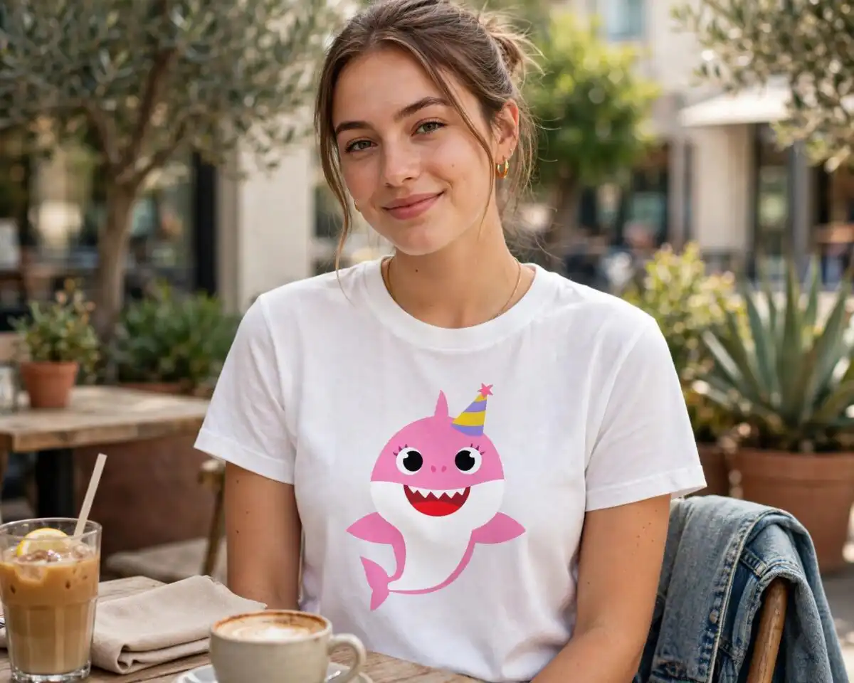 baby shark svg birthday design printed on a plain product mockup