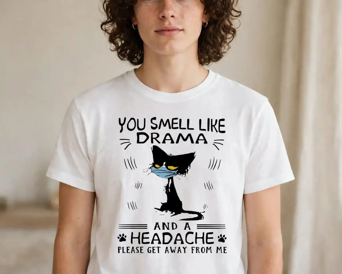 black cat you smell like drama grumpy mask design for cat lovers black cat you smell png design printed on a plain product mockup