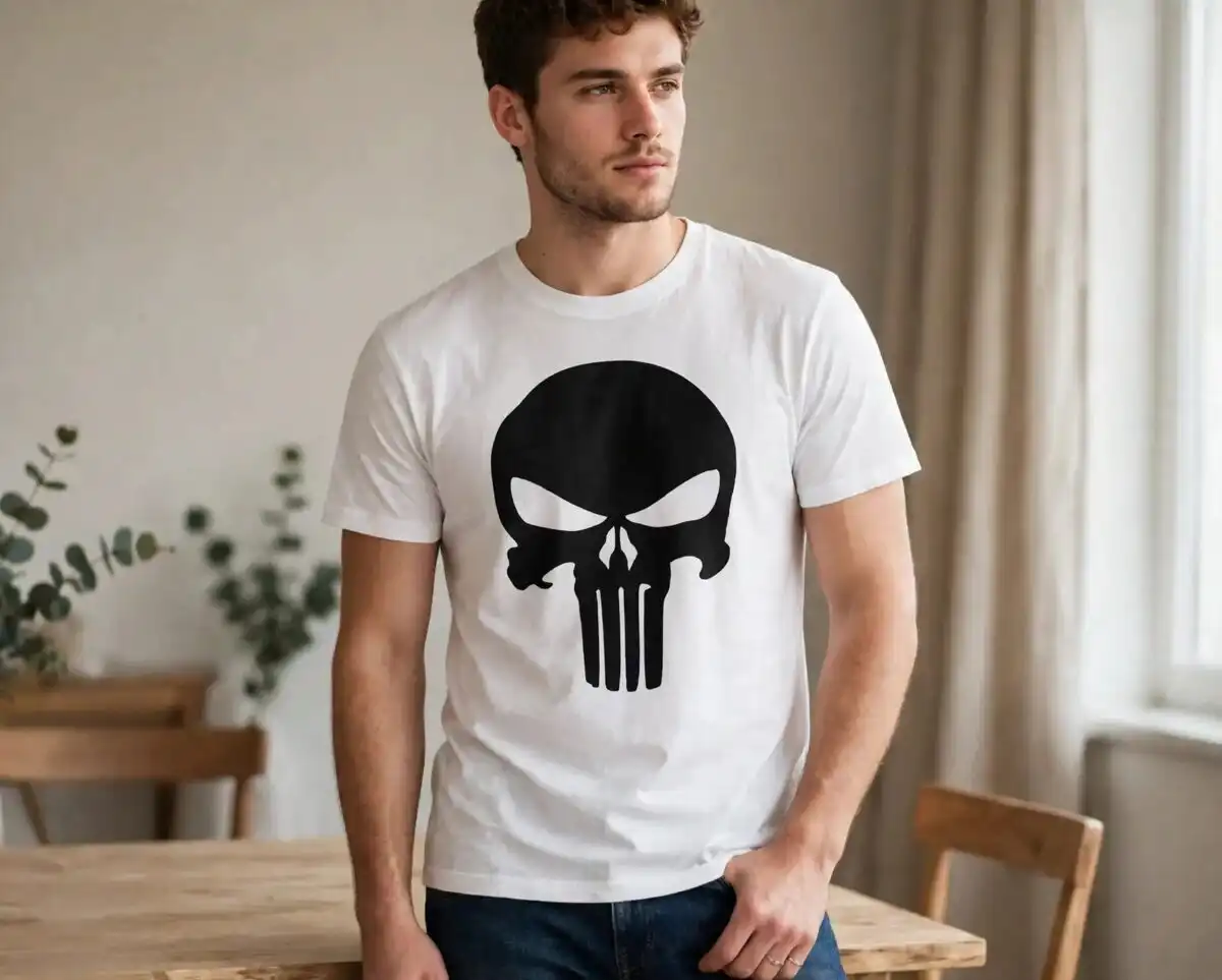 punisher skull svg design printed on a plain product mockup