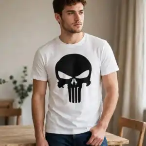 punisher skull svg design printed on a plain product mockup