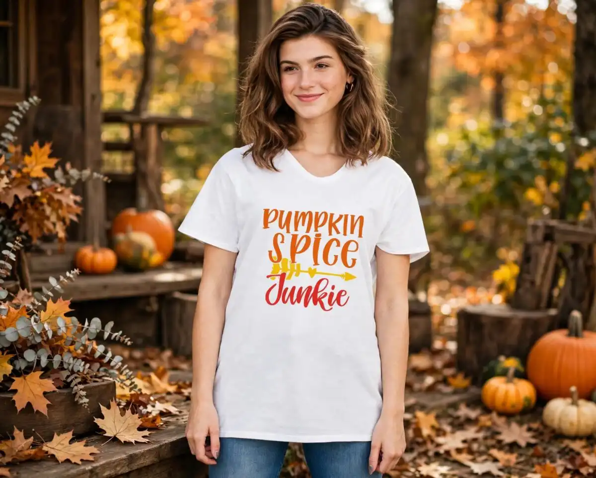 cozy fall pumpkin patch with plaid pumpkins, autumn lettering and clipart pumpkin and fall clipart design printed on a plain product mockup