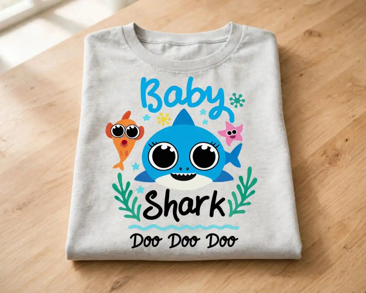 baby shark family cartoon birthday with party hats and bows baby shark png cartoon design printed on a plain product mockup