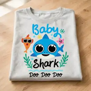 baby shark family cartoon birthday with party hats and bows baby shark png cartoon design printed on a plain product mockup