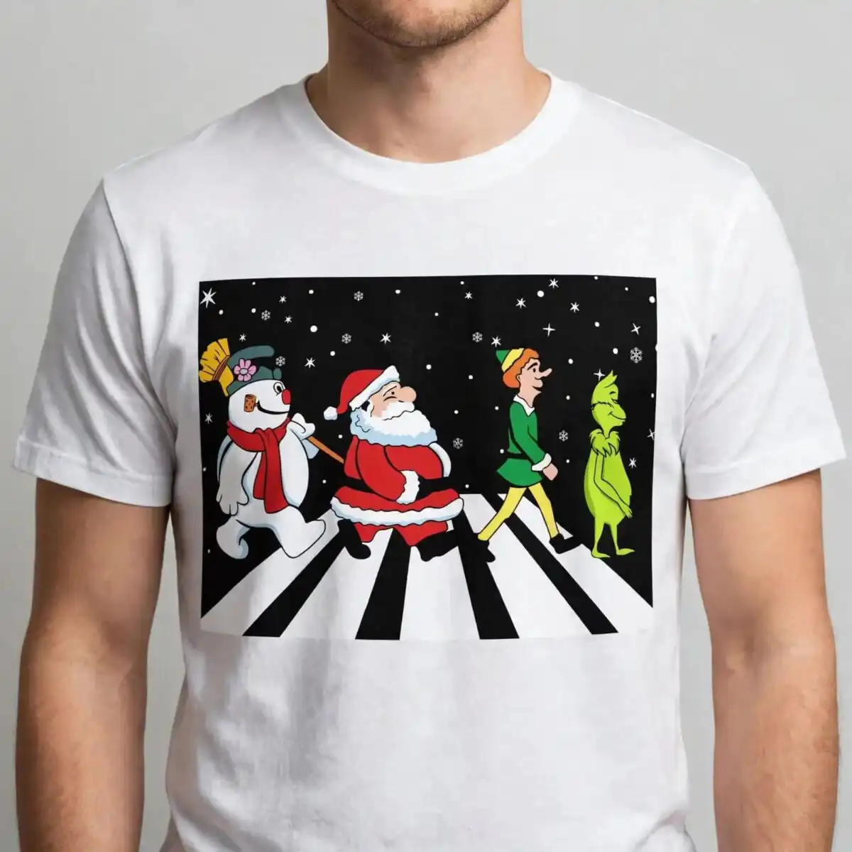 grinch elf santa and snowman christmas crosswalk cartoon design a snowman, a man in a red suit, an elf, and a green furry creature walking across a crosswalk design printed on a plain produ