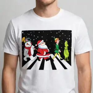 grinch elf santa and snowman christmas crosswalk cartoon design a snowman, a man in a red suit, an elf, and a green furry creature walking across a crosswalk design printed on a plain produ