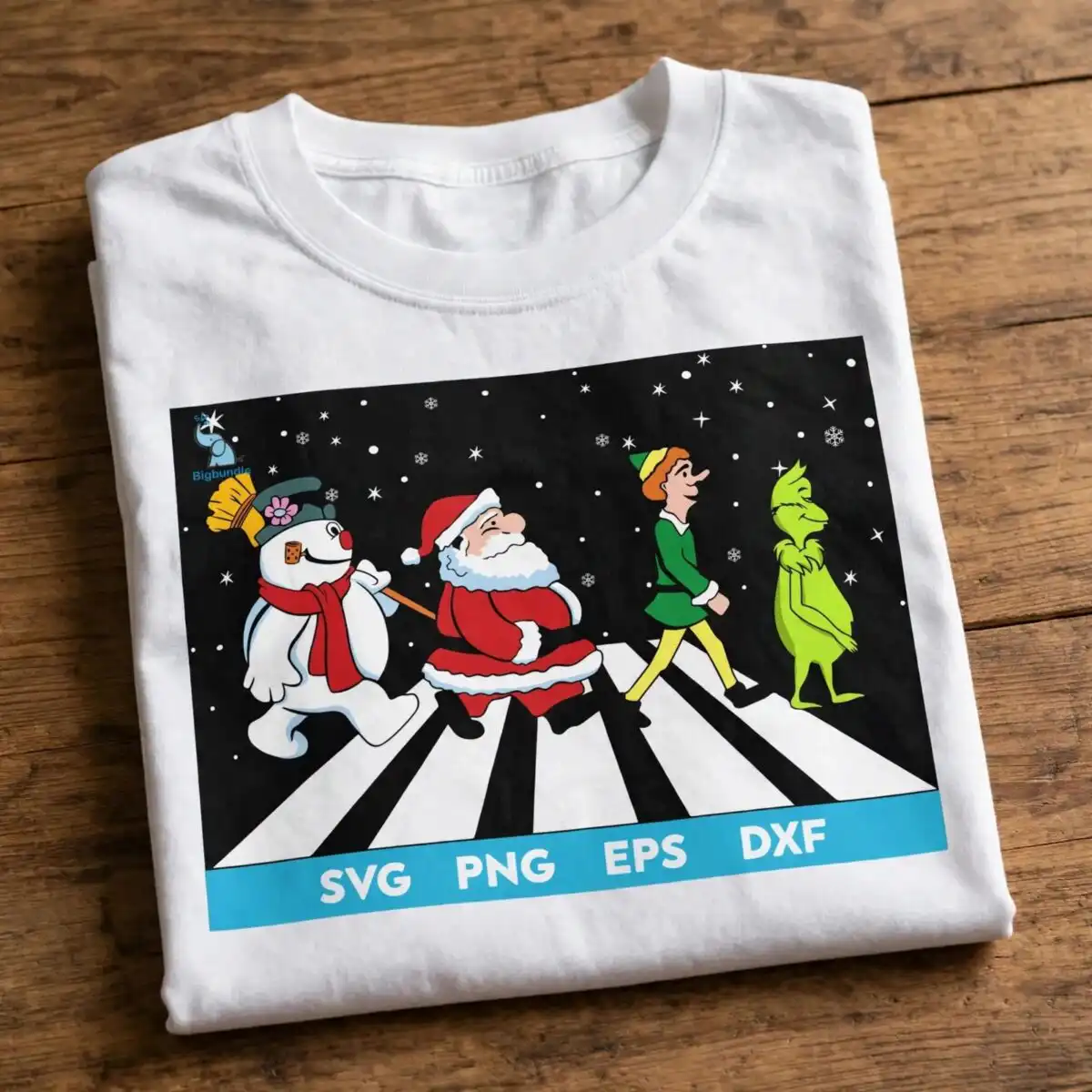 grinch elf santa and snowman christmas crosswalk cartoon design a snowman, a man in a red suit, an elf, and a green furry creature walking across a crosswalk design printed on a plain produ