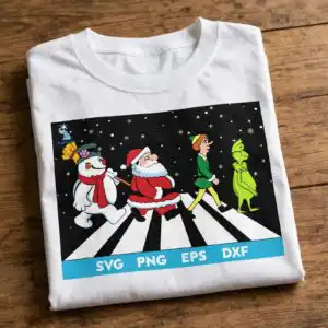 grinch elf santa and snowman christmas crosswalk cartoon design a snowman, a man in a red suit, an elf, and a green furry creature walking across a crosswalk design printed on a plain produ