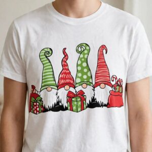 four bearded christmas gnomes with gifts for holiday shirts and mugs gnome christmas svg design printed on a plain product mockup
