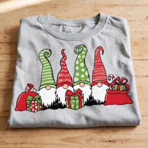 four bearded christmas gnomes with gifts for holiday shirts and mugs gnome christmas svg design printed on a plain product mockup
