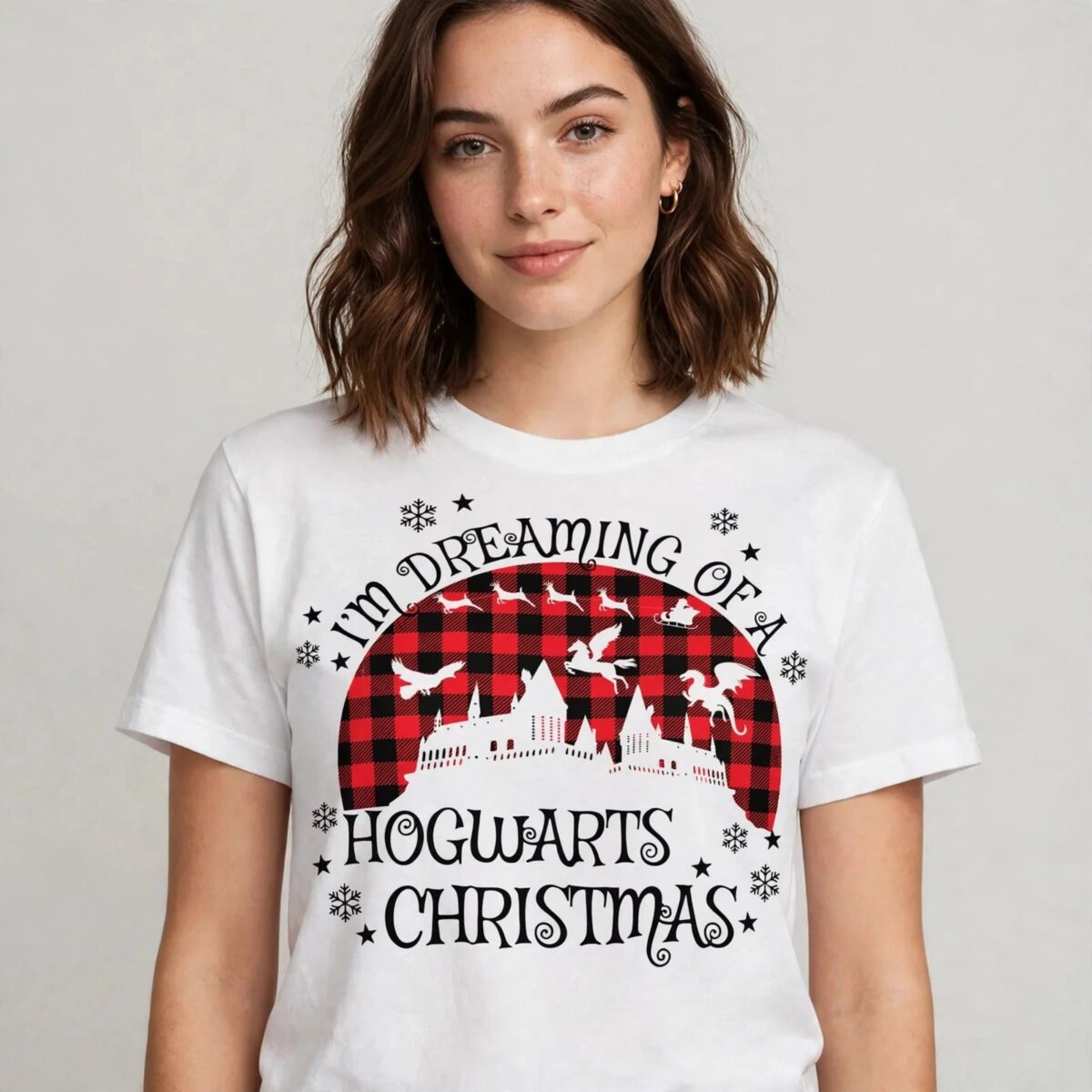 i'm dreaming of a hogwarts christmas castle silhouette with flying creatures buffalo check hogwarts castle silhouette svg design printed on a plain product mockup