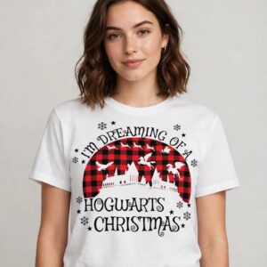 i'm dreaming of a hogwarts christmas castle silhouette with flying creatures buffalo check hogwarts castle silhouette svg design printed on a plain product mockup