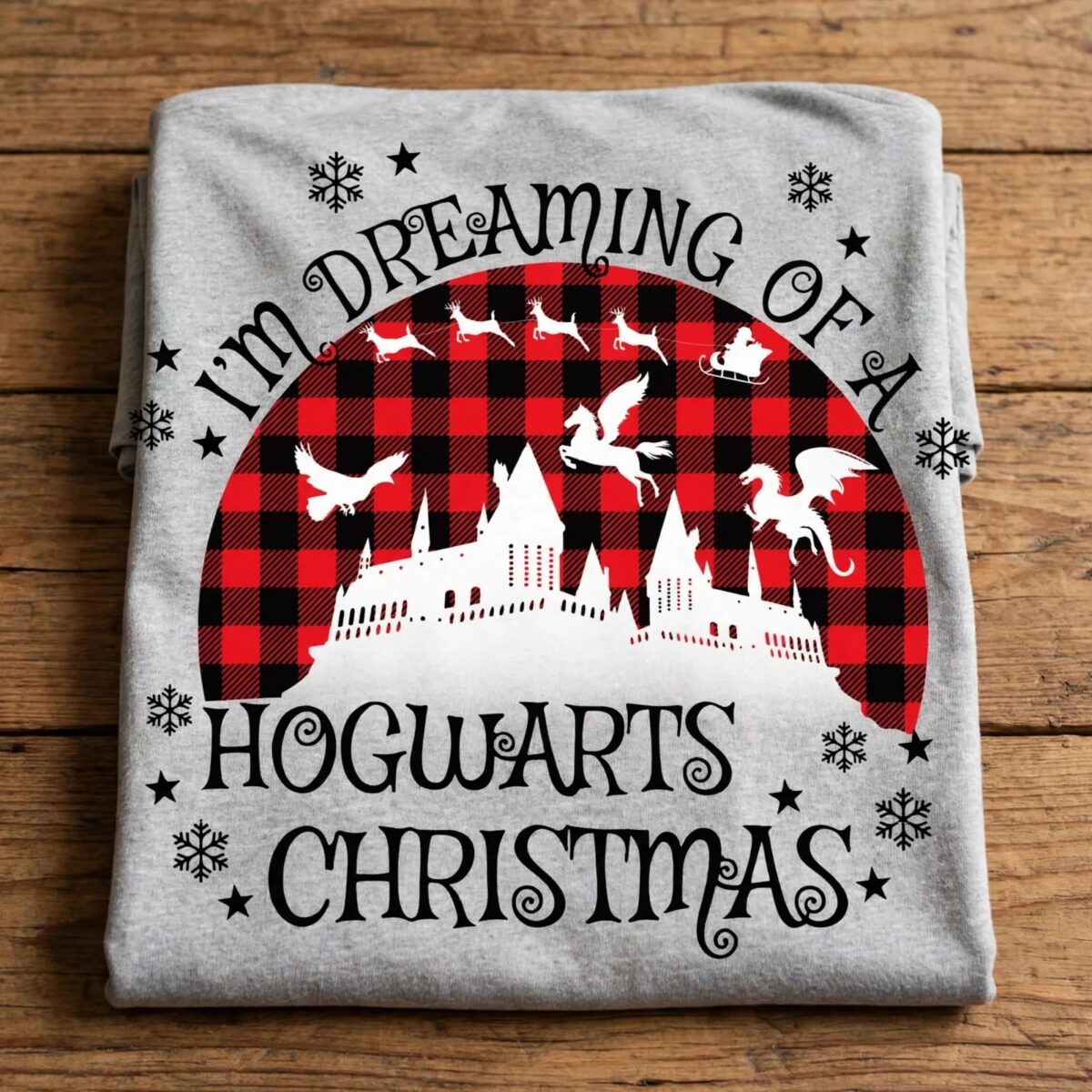 i'm dreaming of a hogwarts christmas castle silhouette with flying creatures buffalo check hogwarts castle silhouette svg design printed on a plain product mockup