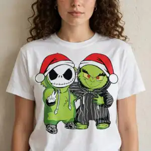 two cartoon characters wearing Santa hats and hoodies, one with a skull face and the other green with an angry expression des