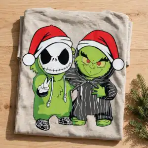 two cartoon characters wearing Santa hats and hoodies, one with a skull face and the other green with an angry expression des