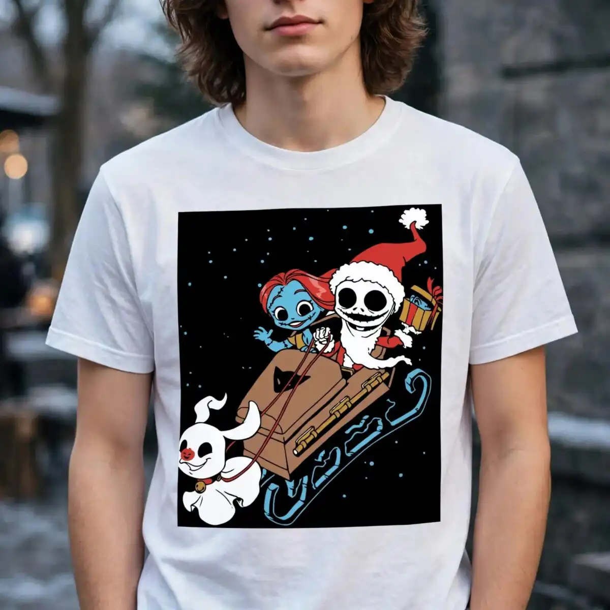 jack skellington with santa hat svg design printed on a plain product mockup
