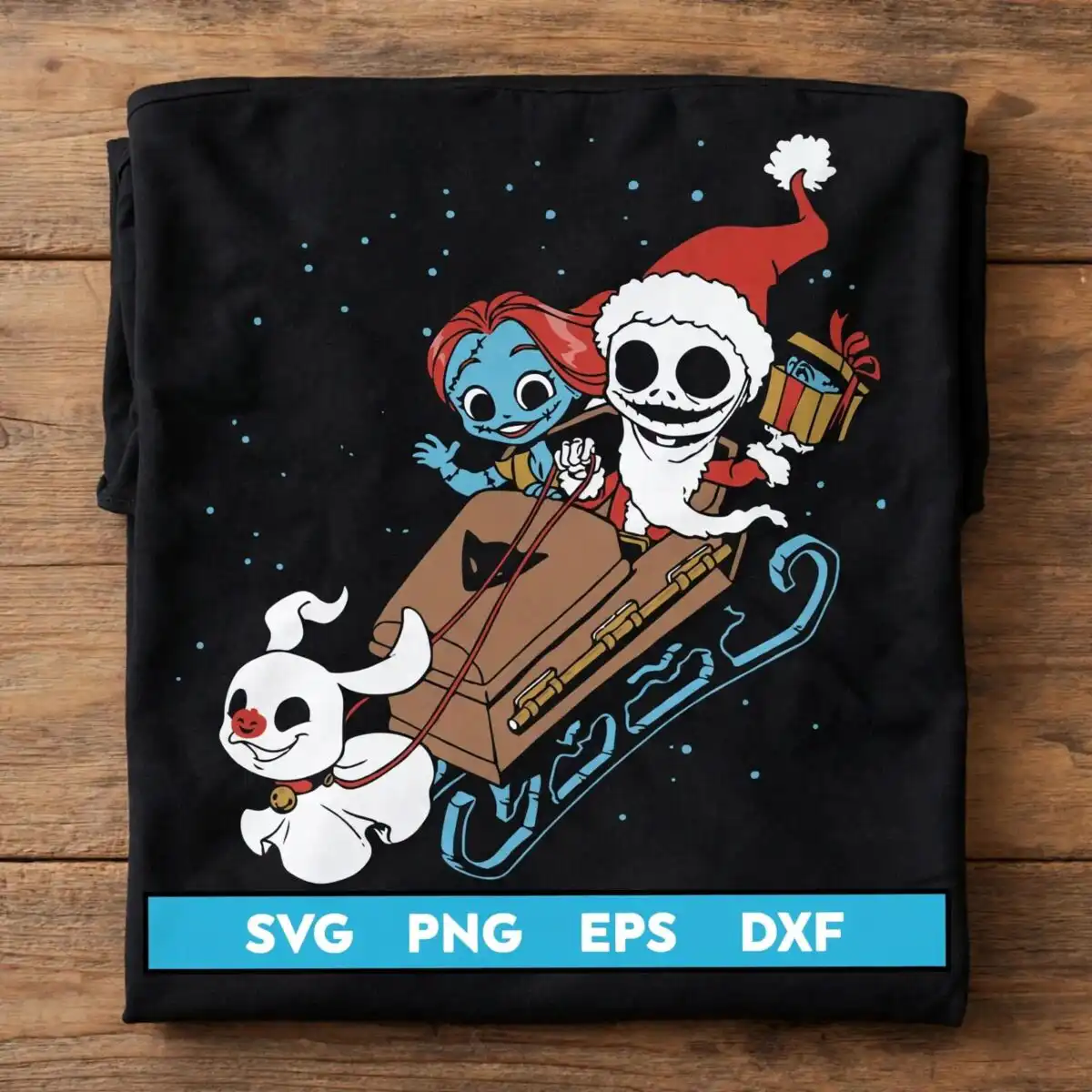 jack skellington with santa hat svg design printed on a plain product mockup