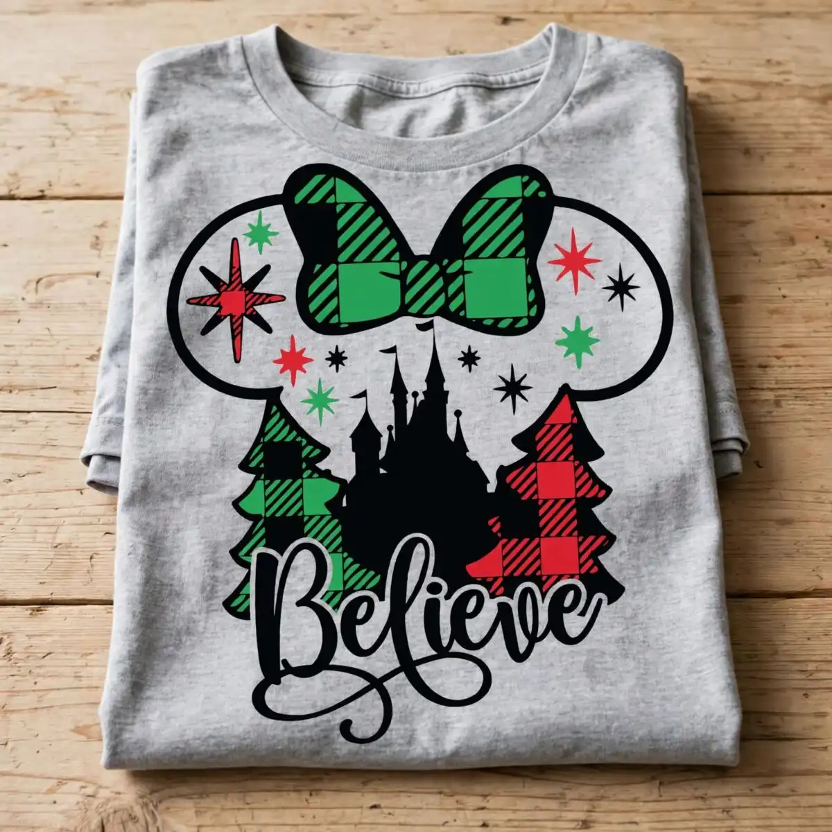 believe christmas mouse ear head silhouette with castle design believe christmas christmas png design printed on a plain product mockup