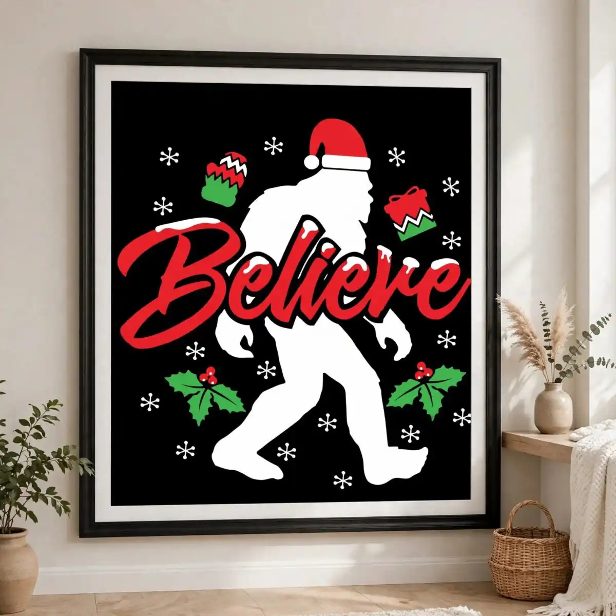 christmas white furry humanoid santa svg design printed on a plain product mockup