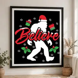 christmas white furry humanoid santa svg design printed on a plain product mockup