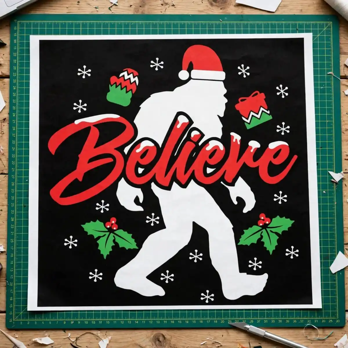 christmas white furry humanoid santa svg design printed on a plain product mockup