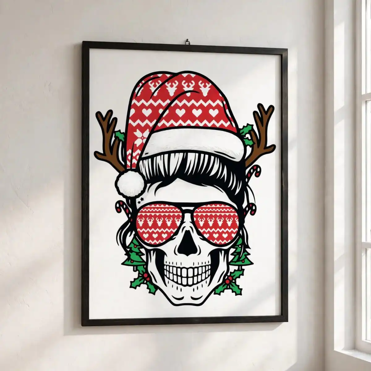 skull with santa hat svg design printed on a plain product mockup