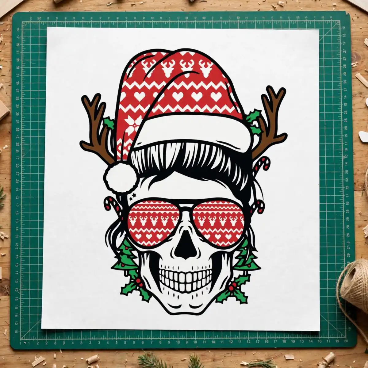 skull with santa hat svg design printed on a plain product mockup