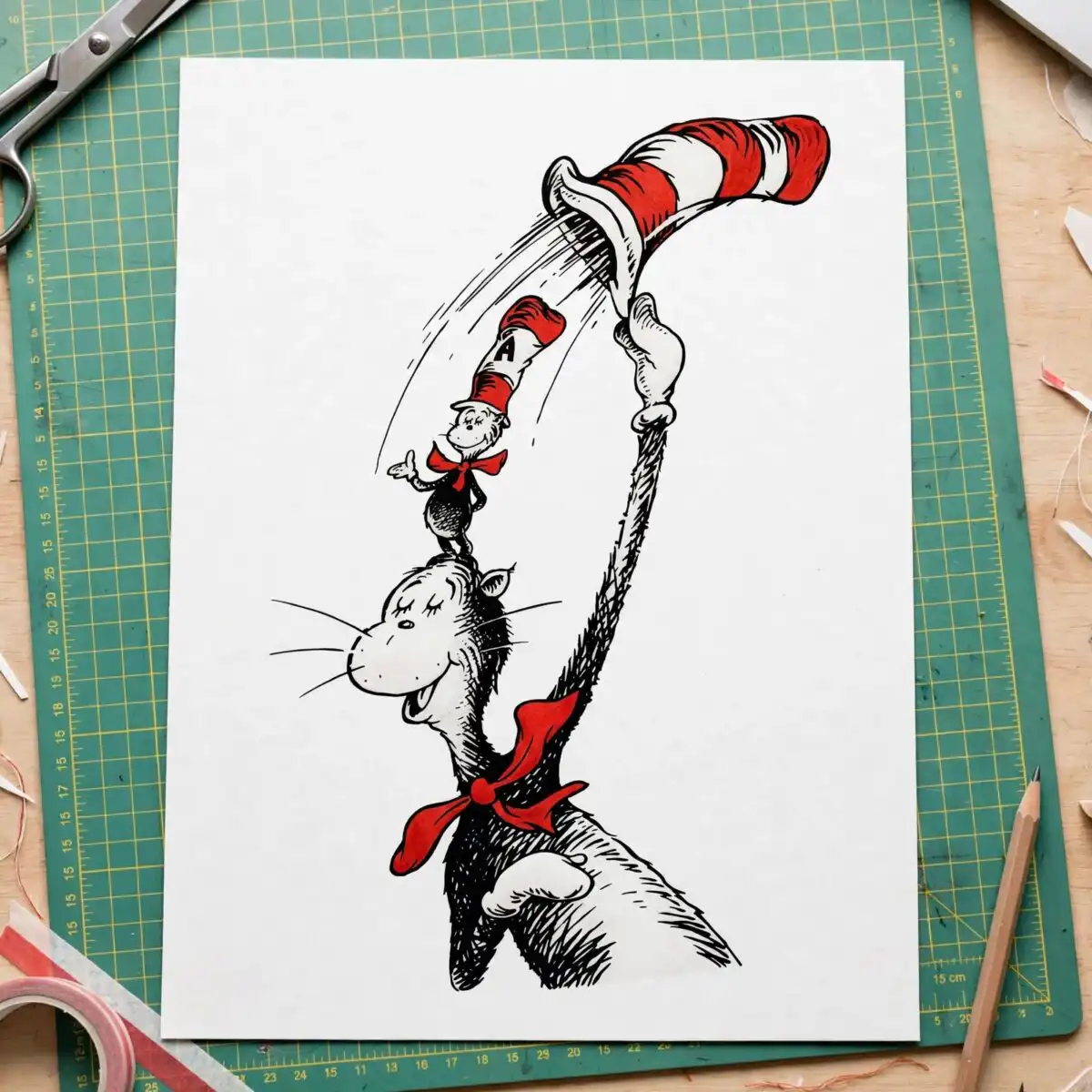 cat hat balancing little svg design printed on a plain product mockup