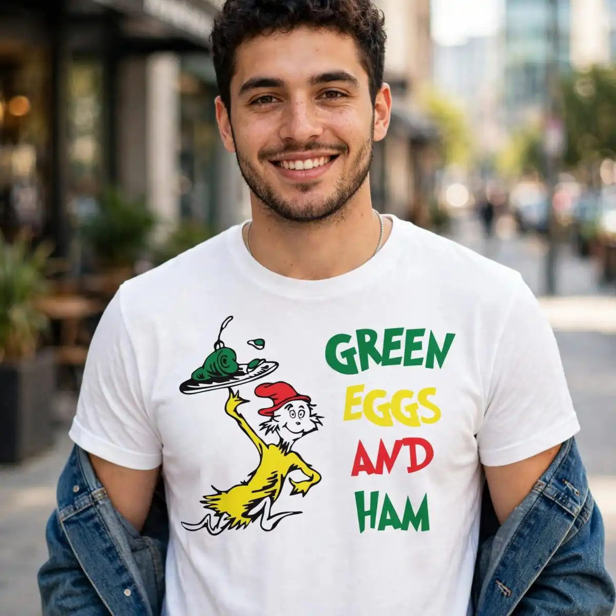 sam-i-am green eggs and ham book illustration with plate and bold text green eggs and ham book png design printed on a plain product mockup