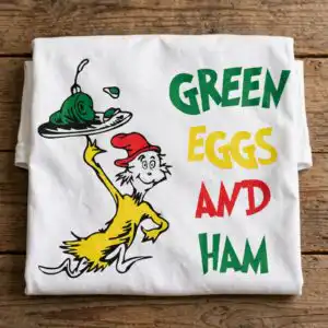 sam-i-am green eggs and ham book illustration with plate and bold text green eggs and ham book png design printed on a plain product mockup