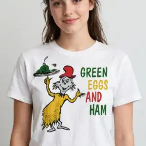 green eggs and ham shirt design with sam-i-am holding silver plate green eggs and ham shirt design design printed on a plain product mockup