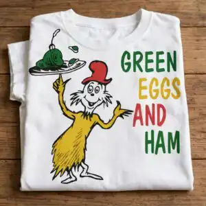 green eggs and ham shirt design with sam-i-am holding silver plate green eggs and ham shirt design design printed on a plain product mockup