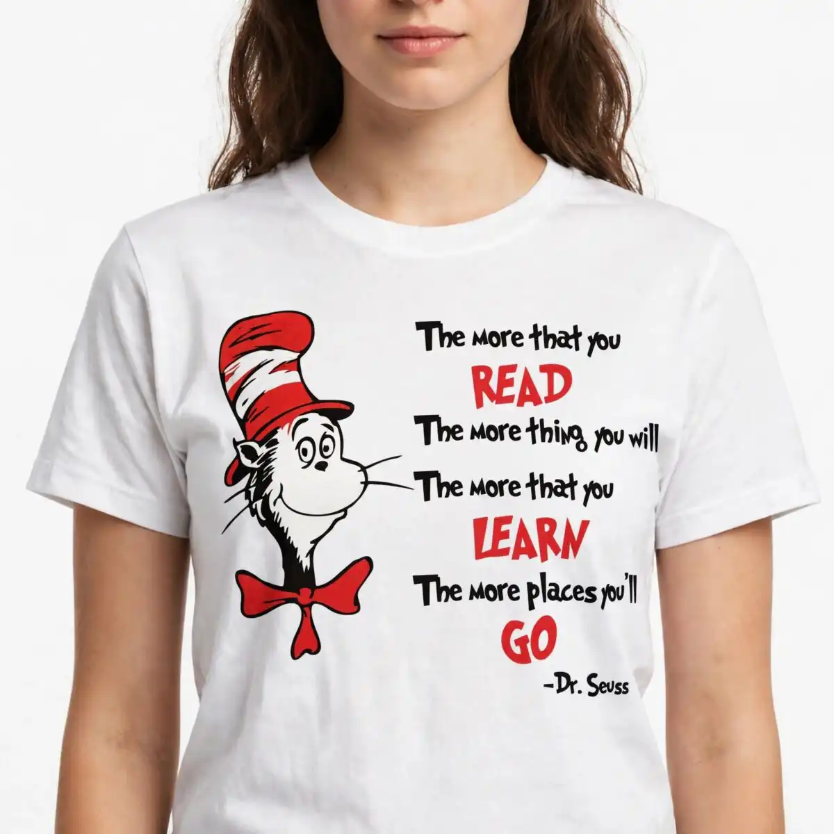 cat in the hat character reading quote with dr seuss lettering for back to school cat hat character dr svg design printed on a plain product mockup