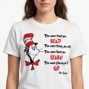 cat in the hat character reading quote with dr seuss lettering for back to school cat hat character dr svg design printed on a plain product mockup