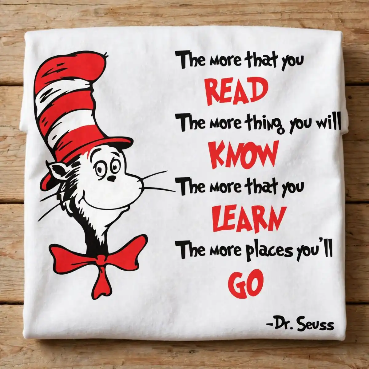 cat in the hat character reading quote with dr seuss lettering for back to school cat hat character dr svg design printed on a plain product mockup
