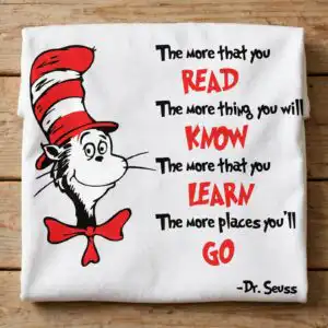 cat in the hat character reading quote with dr seuss lettering for back to school cat hat character dr svg design printed on a plain product mockup