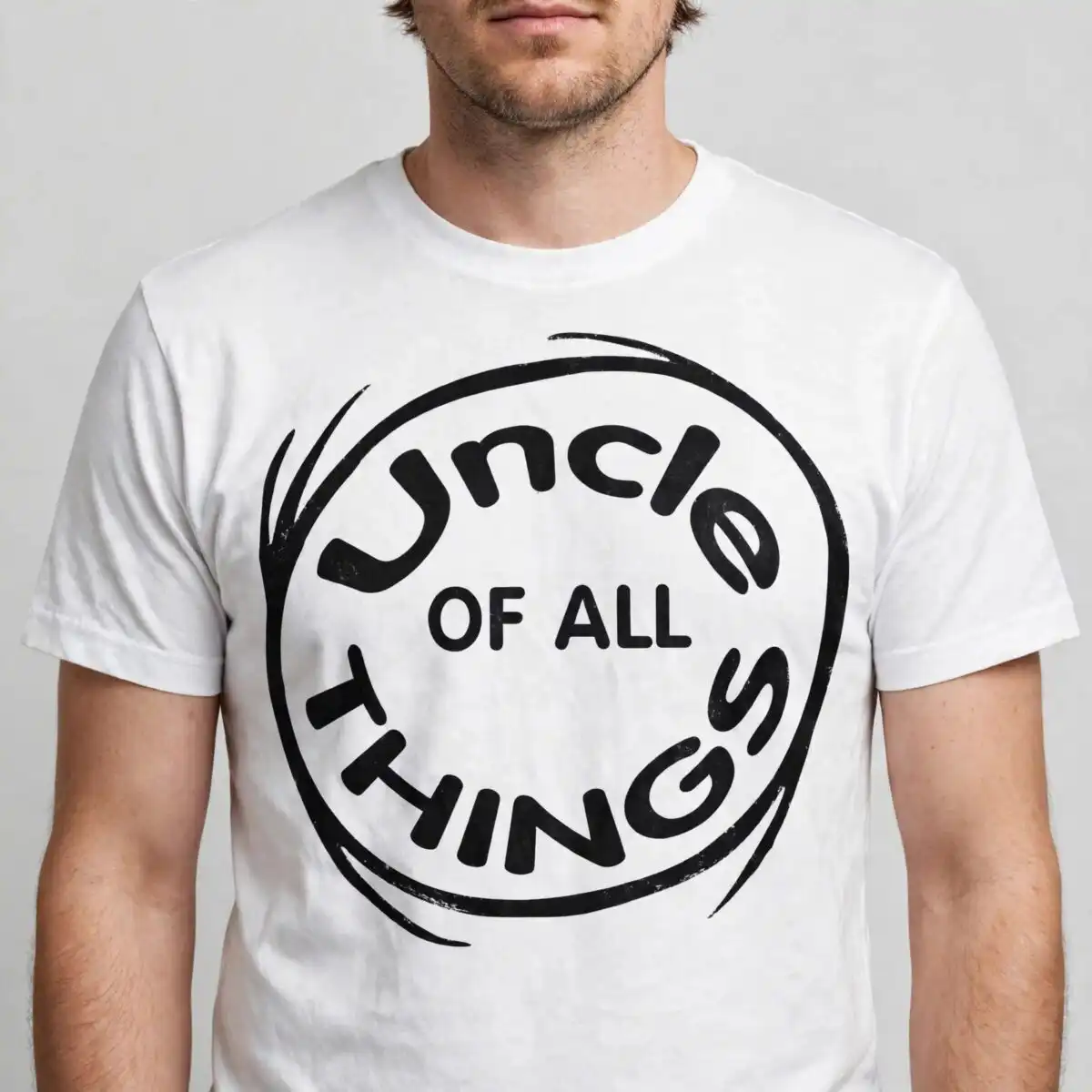 funny uncle of all things family phrase circular logo family uncle all things phrase svg design printed on a plain product mockup