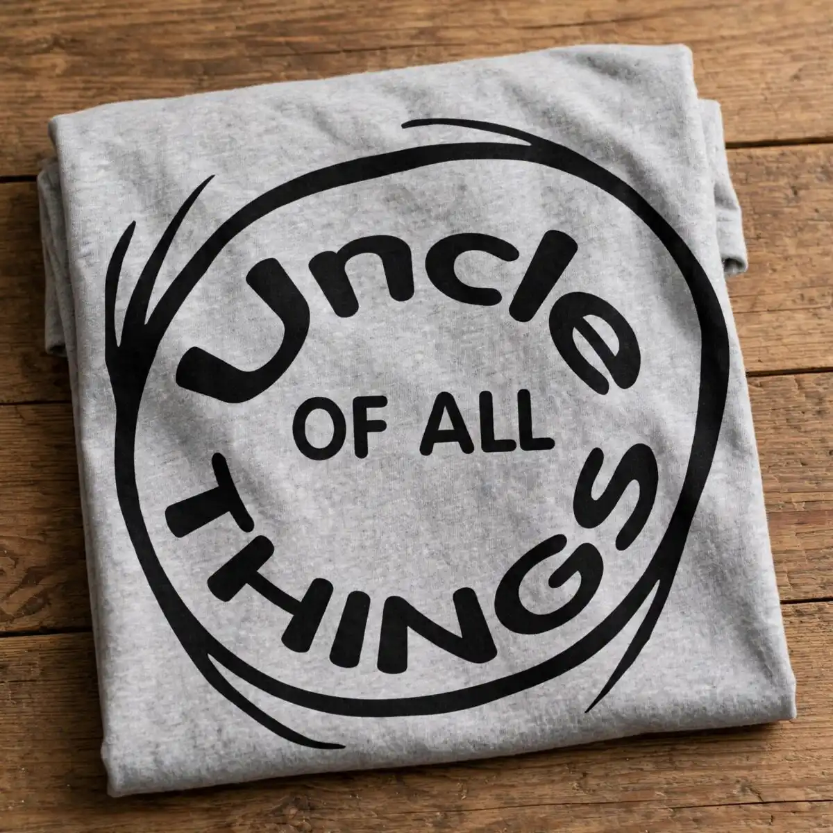 funny uncle of all things family phrase circular logo family uncle all things phrase svg design printed on a plain product mockup
