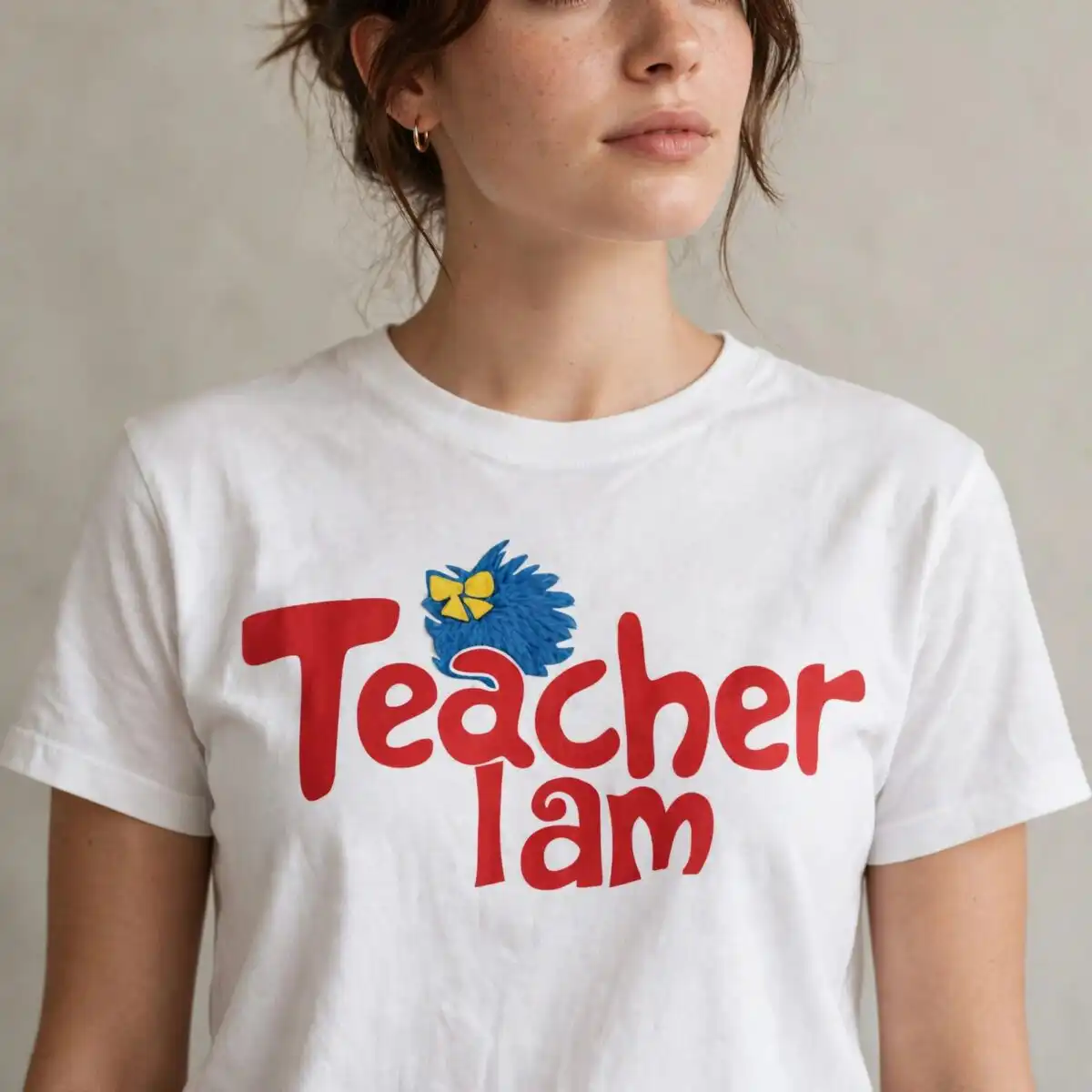 teacher i am dr seuss inspired design with cute blue character and bow teacher am dr seuss svg design printed on a plain product mockup