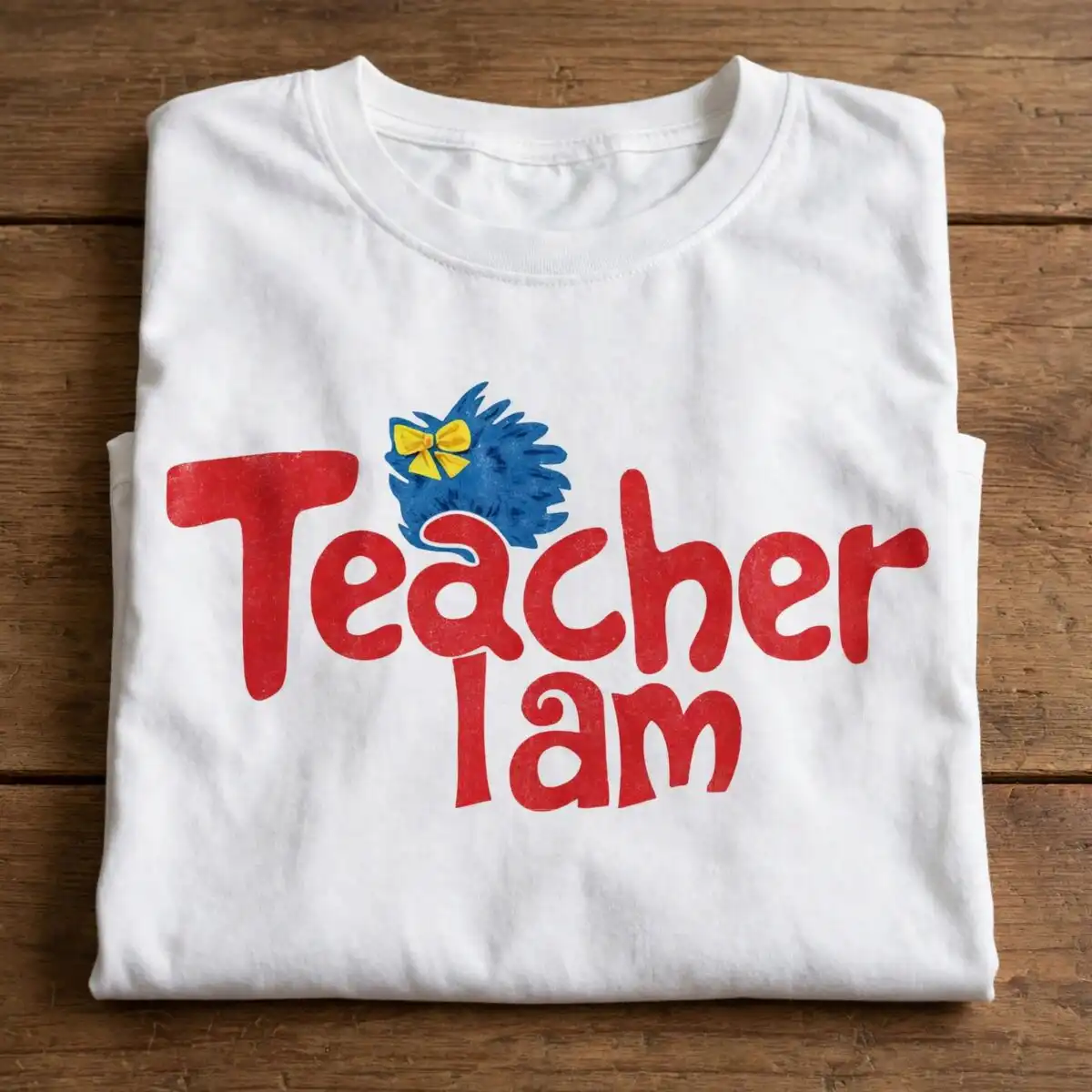 teacher i am dr seuss inspired design with cute blue character and bow teacher am dr seuss svg design printed on a plain product mockup