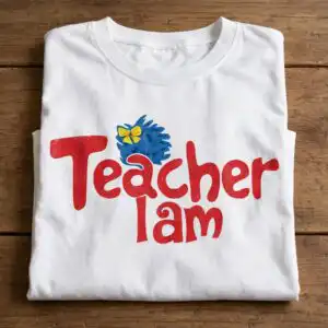 teacher i am dr seuss inspired design with cute blue character and bow teacher am dr seuss svg design printed on a plain product mockup