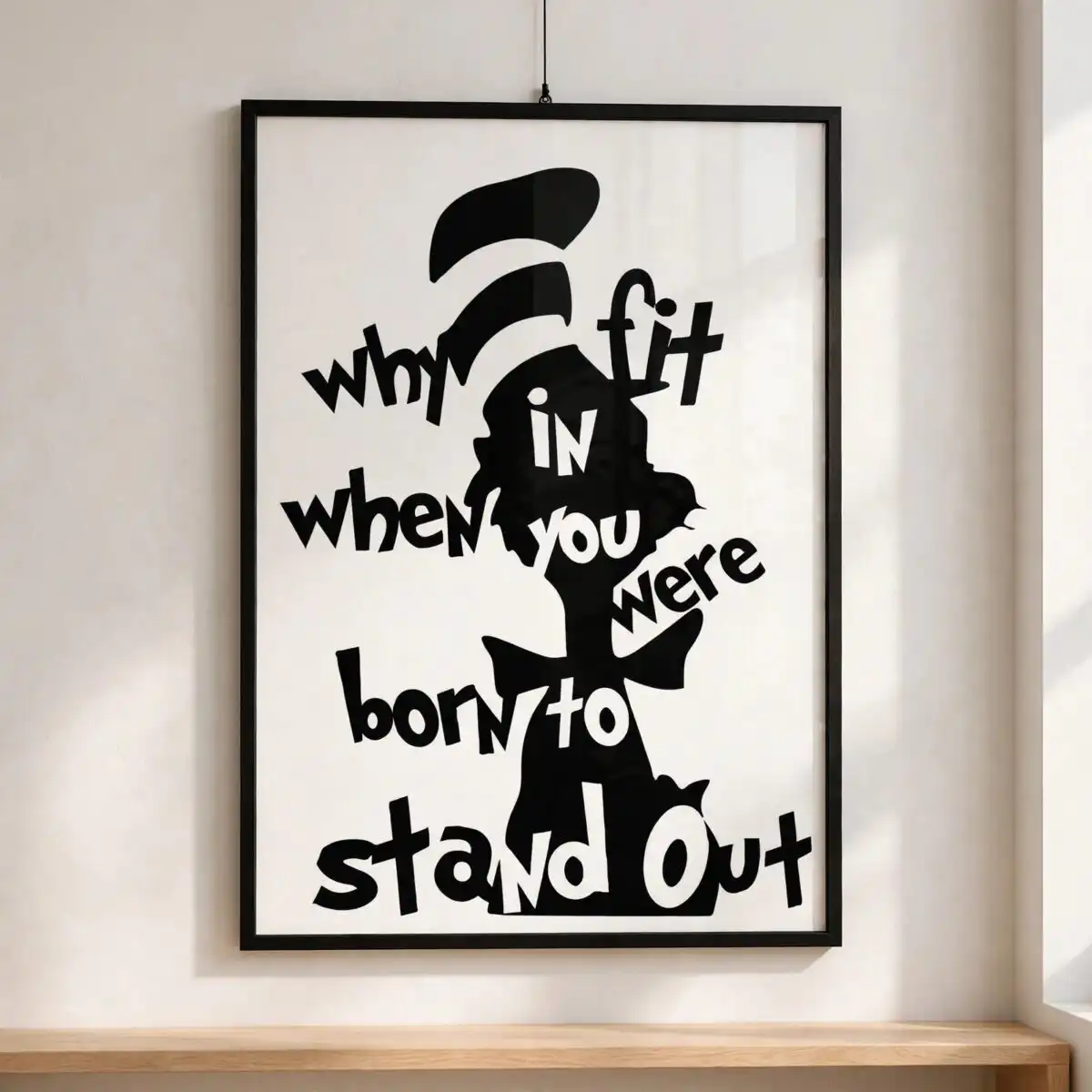 why fit in when you can stand out cat in the hat quote cut file for shirts, mugs and wall why fit in when you can stand out svg design printed on a plain product mockup