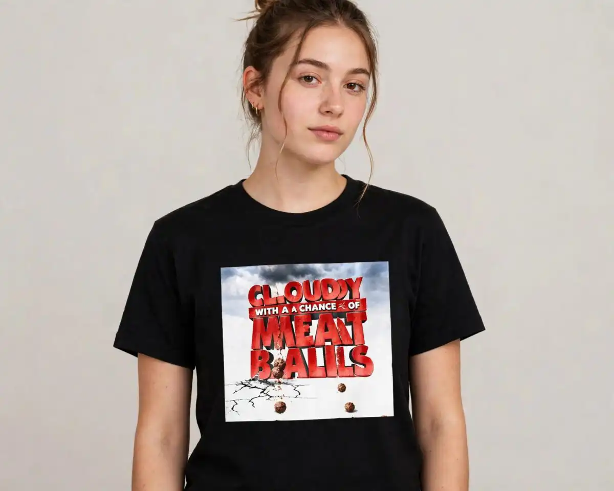 cloudy with a chance of meatballs png design printed on a plain product mockup