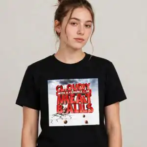 cloudy with a chance of meatballs png design printed on a plain product mockup