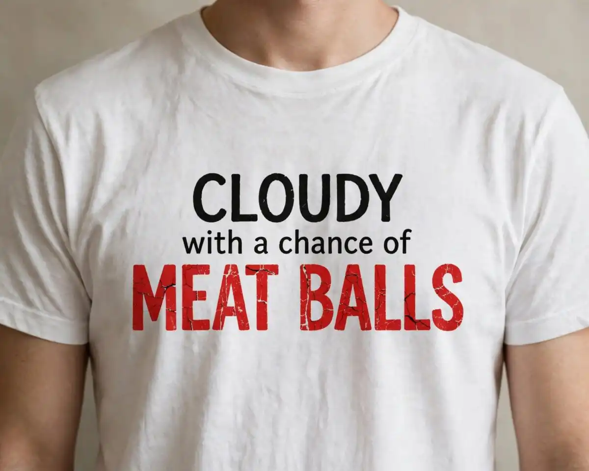 cloudy with a chance of meatballs png design printed on a plain product mockup