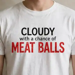 cloudy with a chance of meatballs png design printed on a plain product mockup