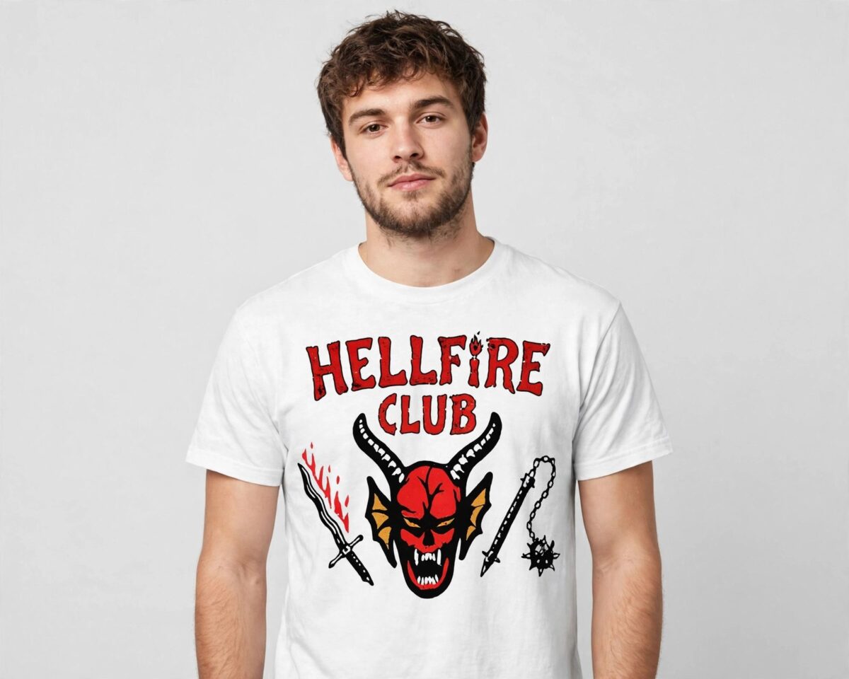 stranger things 4 logo mega with hellfire club and hawkins art stranger things 4 logo png design printed on a plain product mockup