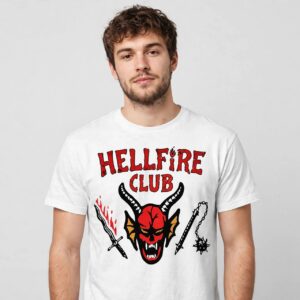 stranger things 4 logo mega with hellfire club and hawkins art stranger things 4 logo png design printed on a plain product mockup
