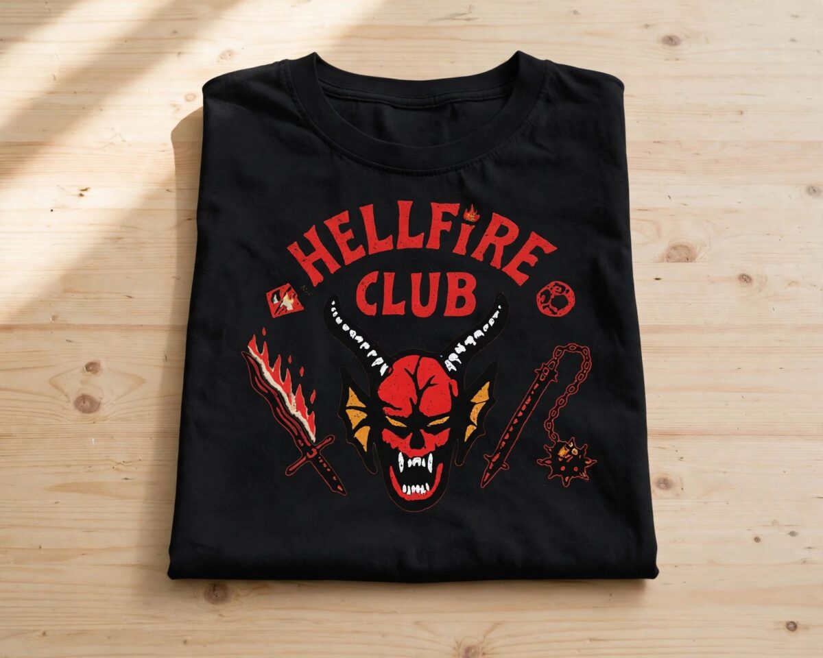 stranger things 4 logo mega with hellfire club and hawkins art stranger things 4 logo png design printed on a plain product mockup