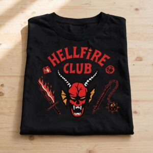 stranger things 4 logo mega with hellfire club and hawkins art stranger things 4 logo png design printed on a plain product mockup