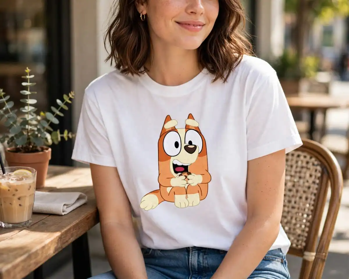 birthday bluey style cartoon dog for party shirts, cups and cake toppers birthday bluey style cartoon dog svg design printed on a plain product mockup
